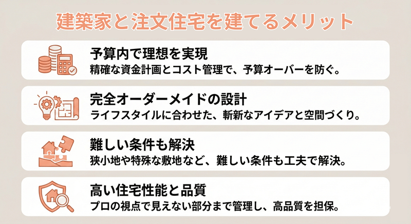 建築家と注文住宅を建てるメリットを示した図